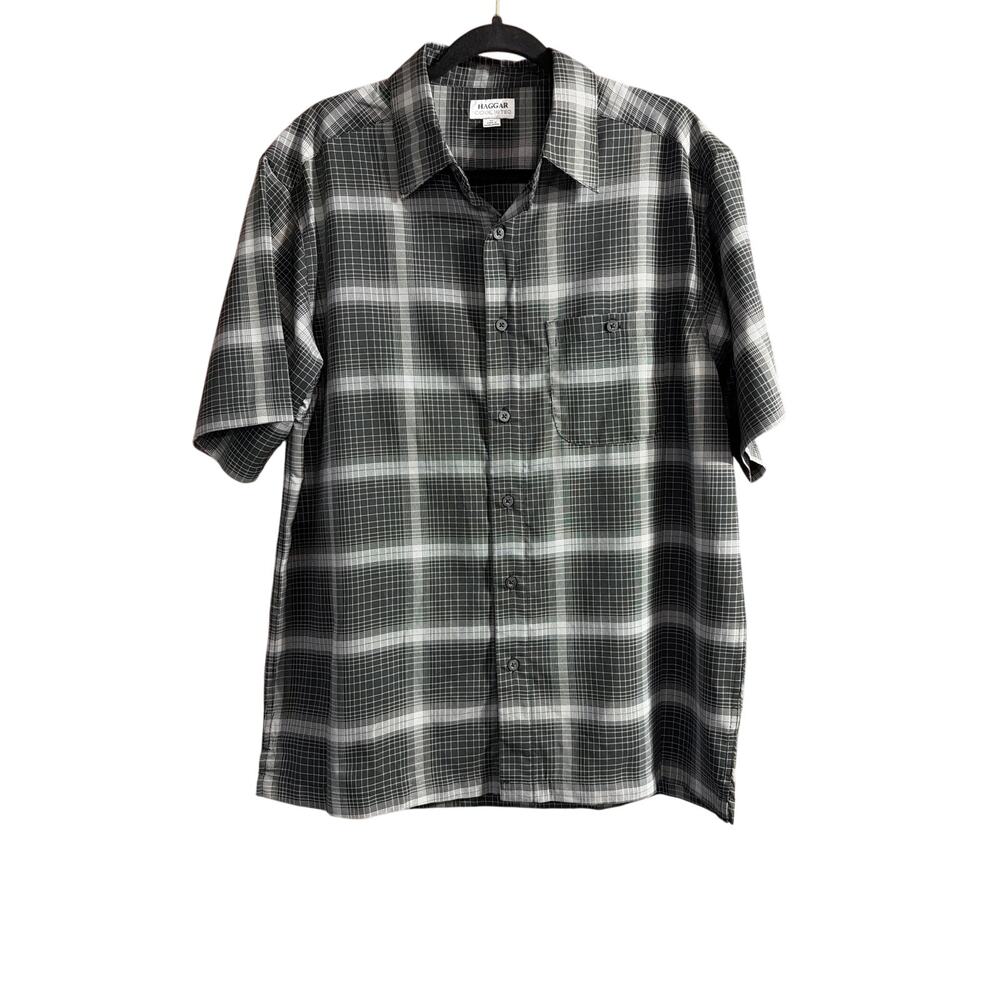 Haggar Men's COOL 18 TEC Black & White Plaid Button Down Shirt Size Medium M